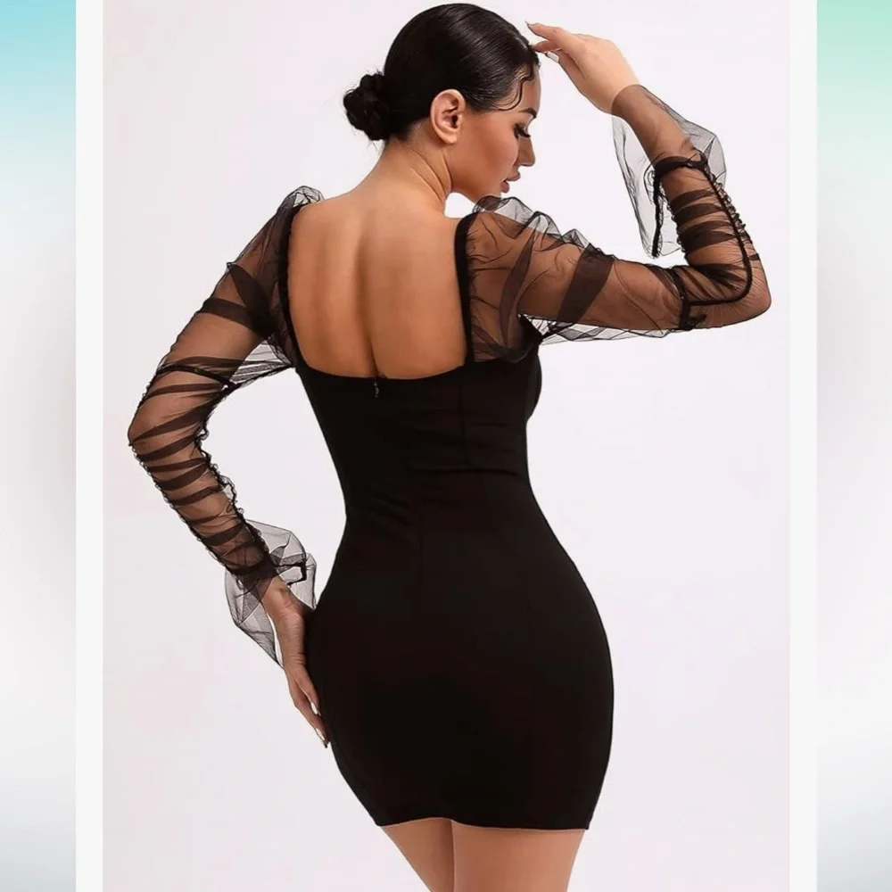 NWOT Sheer Puff Long Sleeve Club Dress Bodycon Halloween Party Clubwear - Picture 3 of 11
